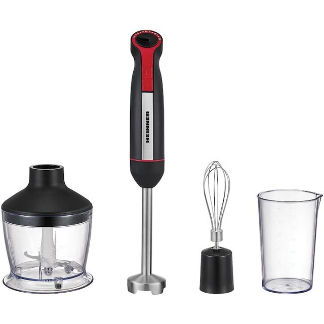 HEINNER Mixer vertical Heinner HHB-DC1200BKRD, 1200W, motor DC, viteza variabila + turbo, picior blender inox, lame inox, accesorii, negru/rosu