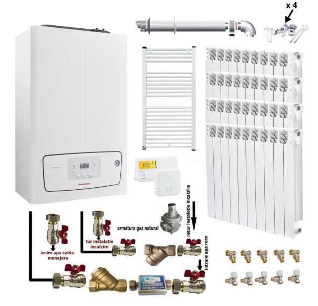 Pachet apartament cu 3 camere, centrala termica murala in condensare Immergas Victrix TERA 24/28 V3, 24 kW, termostat, kit evacuare inclus, calorifere aluminiu Fornello Alvo, kit armaturi centrala si robineti neti