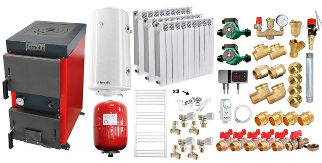 Pachet Cazan (centrala) cu plita pe combustibil solid (lemn, carbune, brichete), Fornello Rustic KP 12 kW, Calorifere aluminiu, Pompe, Boiler, Vas expansiune, Fitinguri montaj