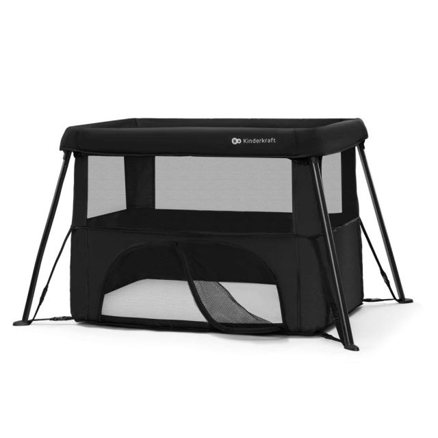 Patut pliabil Kinderkraft Cami Black cu doua nivele si rucsac de calatorie