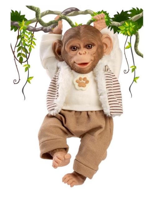 Papusa reborn maimuta Guca, 32 cm, corp din material textil, design expresiv si pietenos, cu pantalon raiat bej, tricou si hanorac, 3 ani+