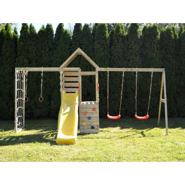 Turn de joaca cu 2 platforme, panou de catarare, tobogan, leagan dublu si modul de gimnastica Wendi Toys