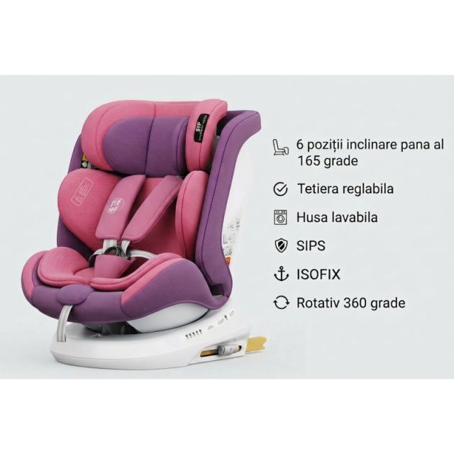 Scaun auto Buf Boof P100 UnicornPink, i-size R129, rotativ 360, isofix, 40-150 cm, 0-36 kg