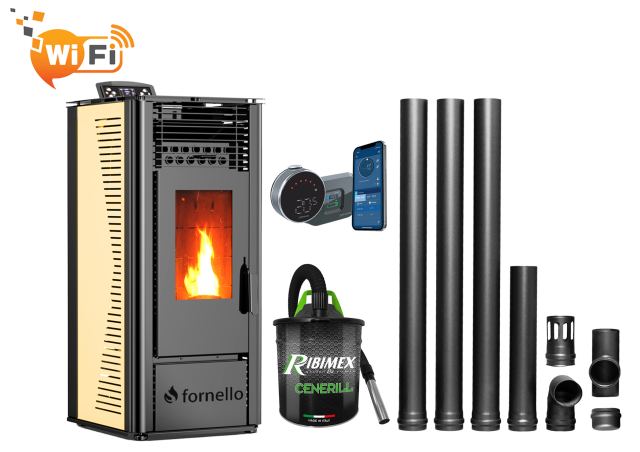 Pachet complet pentru incalzire cu control de la distanta format din Semineu (soba) pe peleti cu tiraj fortat Fornello SOPHIA WI-FI 11 kw, termostat Salus IT 800, aspirator, kit de evacuare 3,5 metri, telecomanda, Wi-fi, culoare Ivory