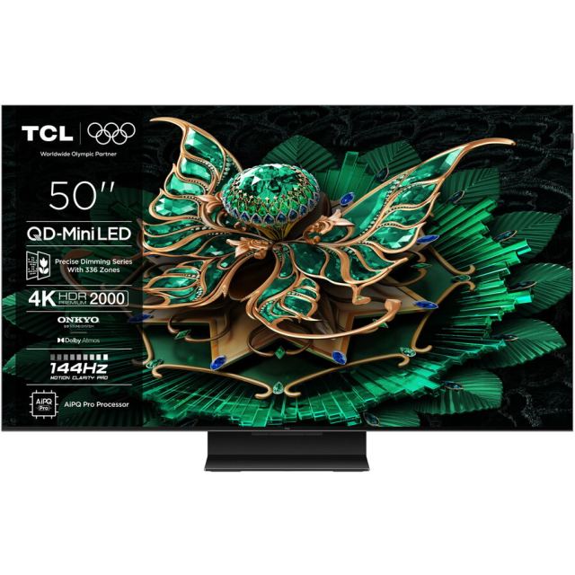 TCL Televizor TCL QD-MiniLed 50C7K, 126 cm, Smart Google TV, 4K Ultra HD, 144Hz, Clasa F, Negru