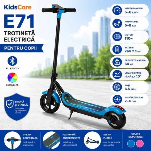 Trotineta electrica pentru copii KidsCare E71 Albastru, motor 110W, baterie 24V 2.5Ah, viteza 12-15 kmh, bluetooth, lumini