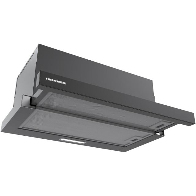 HEINNER Hota telescopica Heinner HTCH-MD600GBK, 60cm, 630 m3/h, 2 trepte de viteza, motor: 1 x 215w, lumina led: 1 x 1.5w, 2 filtre aluminiu, diametru tub de evacuare: 150 mm, Negru si sticla