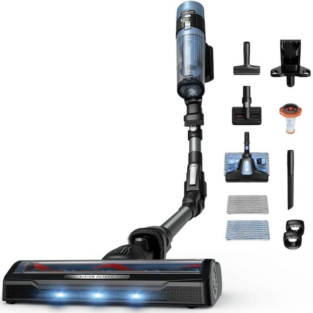 Rowenta Aspirator vertical fara fir Rowenta X-Force Flex 10.80 Aqua RH7AD5E0, 300 W, 120 air watts, autonomie 60 min, filtrare 99.9%, recipient 0.44L, tub flexibil, perie cu LED, panou Smart Control, greutate redusa 1.1 Kg, albastru / negru