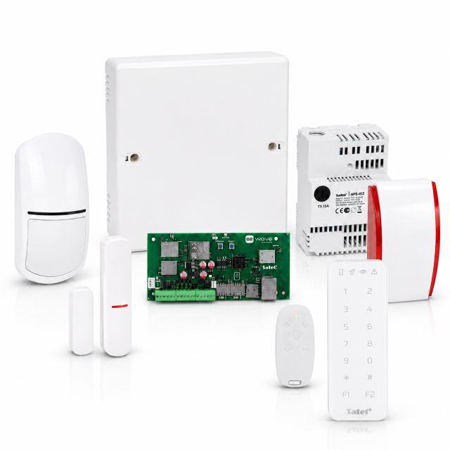 Sistem alarma antiefractie hibrid 4G Satel Be Wave Wired, sursa 12 V, pet immunity, 128 dispozitive, Mifare 13.56MHz, WiFi, 2.4/5GHz, dual sim, 868MHz, detectie miscare, senzor geam/usa, slot card, sirena de interior, notificari pe telefon