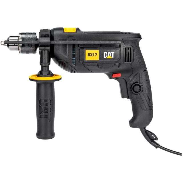 CAT Masina de gaurit si insurubat cu percutie CAT DX17, 750W, tip mandrina 13mm, viteza 0-3000RPM, frecventa impact 0-48000bpm, diametru maxim gaurire 30mm lemn, 13mm metal, 16mm beton, maner si cheie mandrina