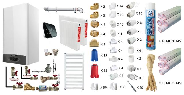Pachet apartament cu o camera, centrala termica murala in condensare Ariston CLAS ONE+ WI-FI 24, Gaz, 24 kW, termostat Salus IT 500, kit de evacuare inclus, calorifere otel, kit armaturi teava PPR si trusa de sudat PPR CADOU