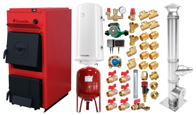Pachet centrala pe combustibil solid Fornello T-PRO 40 kW, cos inox, boiler, vas expansiune, fitinguri si accesorii de baza