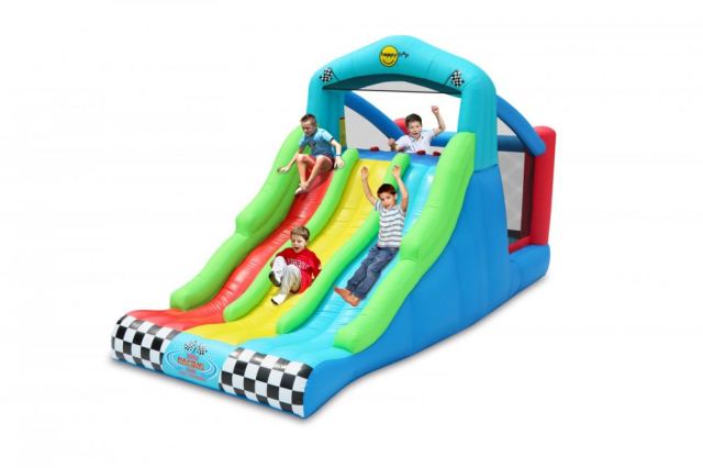 Saltea gonflabila Happy Hop Race cu trei tobogane, spatiu de joaca si loc de catarat