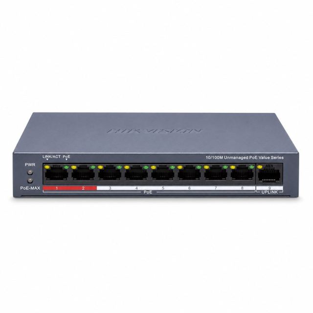 Switch cu 9 porturi Hikvision DS-3E0109P-E/M(C), 8 porturi PoE, 1 port uplink, 10/100Mbps, 2k MAC, buget PoE 80 W, fara management