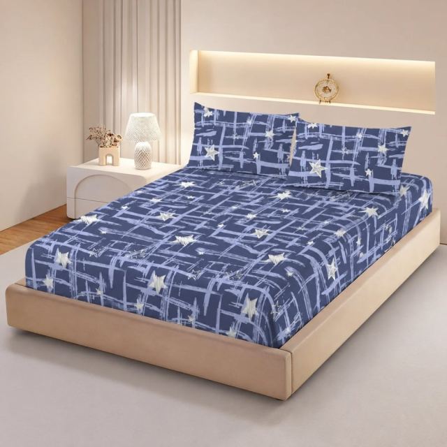 Cearceaf de pat din finet, cu 2 fete de perna Somnart pentru saltea de 160 x 200 cm Navy Grid