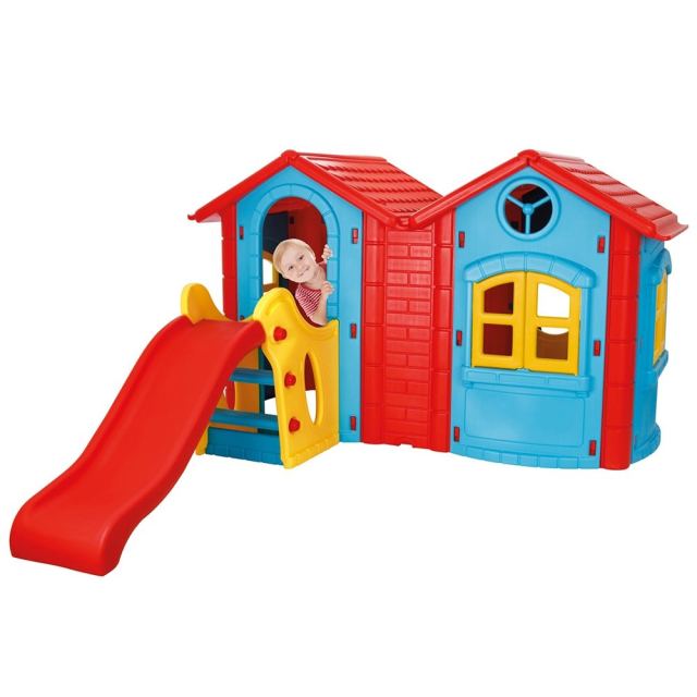 Casuta dubla cu tobogan pentru copii Pilsan din plastic rezistent UV,usi si ferestre functionale Double Happy House blue