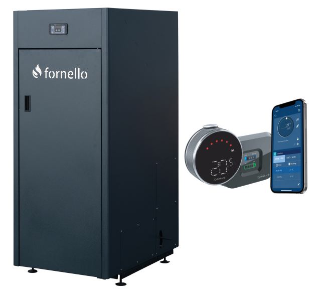 Pachet control de la distanta, Centrala pe peleti Fornello King Plus 30 KW, termostat, pompa de circulatie, vas de expansiune, supapa de siguranta, automatizare, rezervor pentru peleti 125 kg, creuzet din fonta, tiraj fortat