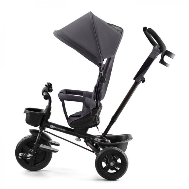 Tricicleta pentru copii Kinderkraft Aveo Malachite Grey de la 9 luni, cu sezut rotativ, suport pentru picioare, maner cu control al directiei, gentuta si cos pentru accesorii