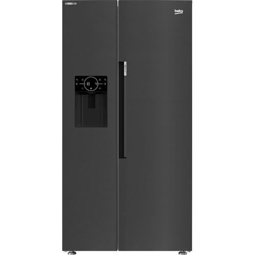 Side By Side Beko GN162340XBRN, 571 L, Clasa E, NeoFrost Dual Cooling, ProSmart Inverter, HarvestFresh, Ice Fall, Display Touch Control, Dozator apa + gheata, H 179 cm (Negru/Inox)