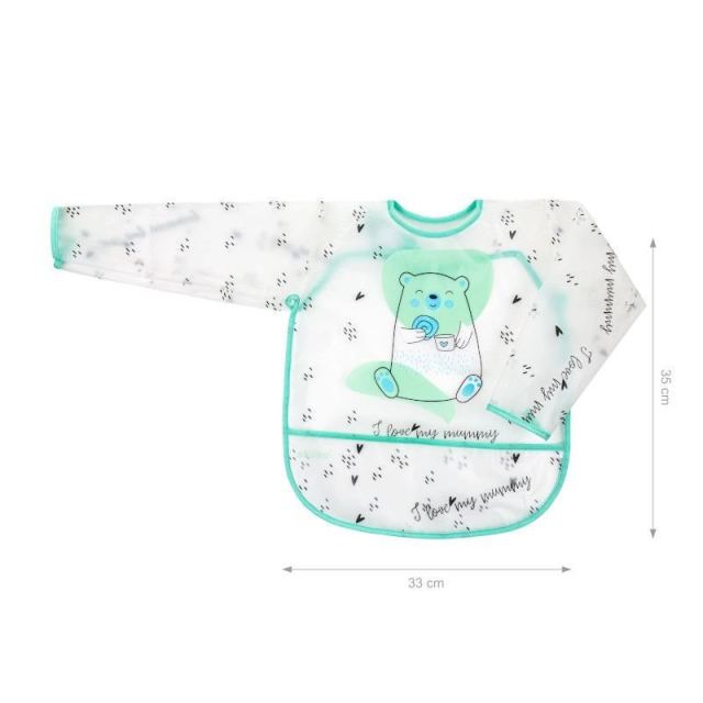 Baveta impermeabila cu maneci  Akuku Ursulet Verde 33x35 cm,inchidere cu velcro,material EVA,buzunar larg pentru captarea resturilor