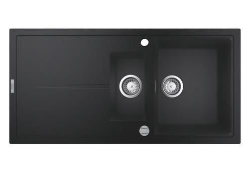 Chiuveta bucatarie compozit Grohe K400 31642AP0, 1000x500 mm, reversibil, 2 boluri, montare pe blat, evacuare automata, Kit montaj si evacuare inclus, Negru granit