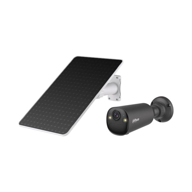 Camera supraveghere WiFi 6 dual-band cu panou solar si iluminare duala Dahua KIT/BF4CA-0210B/M0508, 4 MP, 2.1 mm, IR/lumina alba 15/20 m, PIR 12 m, Bluetooth, detectie persoane si vehicule, acumulator 20.44 Wh, microfon si difuzor, alarma, slot card