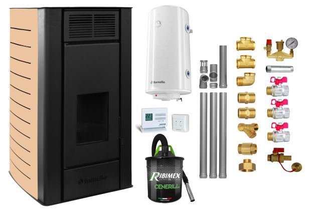Pachet Termosemineu peleti Fornello SERENA W25, 25 kw, culoare Ivory, complet echipat, pompa circulatie, vas expansiune, automatizare, kit evacuare 3.5 ml, Boiler Termoelectric Fornello 100 l, Termostat, Aspirator