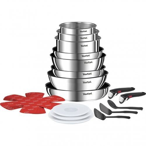Tefal Set 20 piese TEFAL Ingenio Emotion L897SK04, D24, Material: otel inoxidabil, Suprafata anti-aderenta Titanium 2XL, Tehnologie Thermo-Spot®, Fara PFOA, Culoare: Arginiu