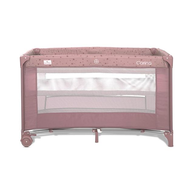 Patut pliabil pentru copii Lorelli Carina Pink Stars, 2 nivele, deschidere laterala cu fermoar, prevazut cu roti cu frana