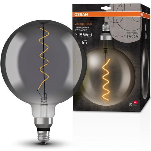Bec LED decorativ fumuriu OSRAM Vintage 1906 SMOKE, E27, 4W (15W), 140 lm, lumina calda (1800K), filament spiralat, forma glob, clasa energetica G