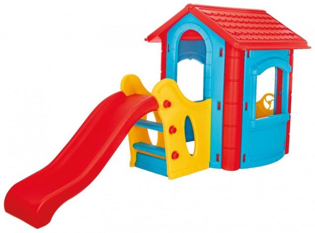 Casuta de gradina pentru copii Pilsan Happy House Blue cu tobogan integrat, plastic rezistent la intemperii, ferestre mobile, 252x131x112 cm, utilizare interiorexterior