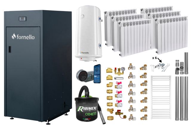 Pachet control de la distanta Centrala pe peleti Fornello King Plus 25 KW, calorifere aluminiu, boiler, termostat, aspirator, kit evacuare, fitinguri, pompa de circulatie, vas de expansiune, supapa de siguranta, automatizare, rezervor pentru peleti 1