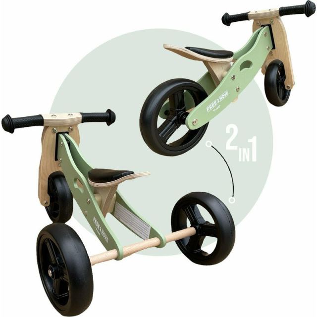 Tricicleta copii fara pedale Free2Move din lemn Mint, varsta 1-3 ani, transformabila in bicicleta de echilibru, scaun reglabil pe inaltime, un limitator de directie si roti silentioase