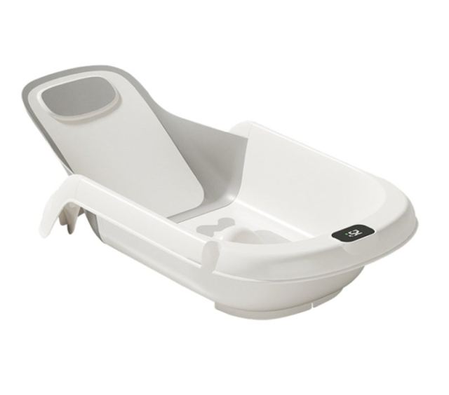 Cadita pentru bebelusi Little Mom Aqua Grow Grey cu spatar reglabil cu 4 unghiuri de inclinare, suport de dus integrat, sistem de blocare triunghiular, dimensiune 75 x 20 x 39 cm