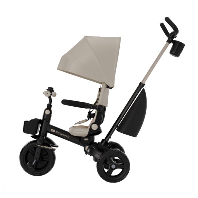 Tricicleta pentru copii Kinderkraft Aveo 2 Plus Beige pliabila, cu scaun reglabil si reversibil, suport picioare, controlul directiei