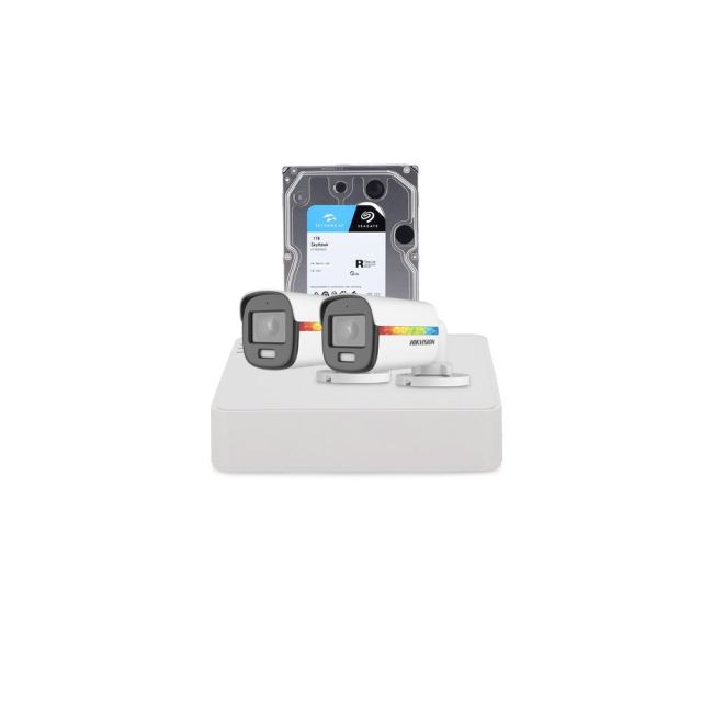 Sistem supraveghere exterior cu HDD 1 TB HikVision, 2 camere, 2 MP, lumina alba 20 m, 2.8 mm, microfon