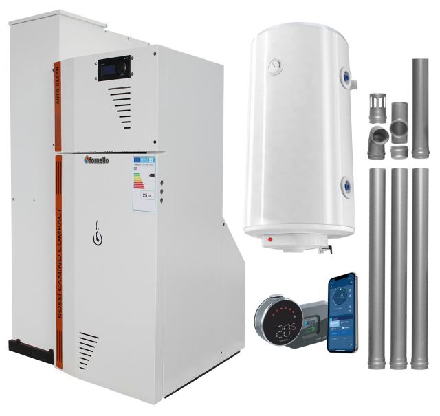 Pachet Centrala termica compacta pe peleti Fornello Rossi Camino Compact Automatic 25 kw, boiler, kit evacuare, pompa de circulatie, vas expansiune, tiraj fortat, curatare automata a arzatorului si a drumurilor de fum, Ecodesign, A+