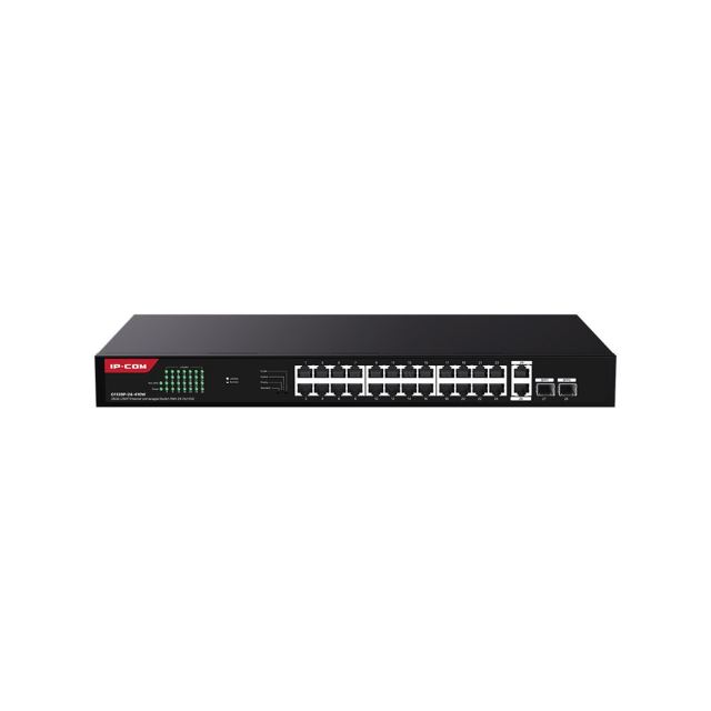 Switch PoE Gigabit rackabil IP-COM G1128P-24-410W, 24 porturi PoE+, 2 RJ45, 2 SFP uplink, buget 410 W, 56 Gbps, 1U, fara management