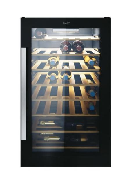 Racitor vinuri Candy CWC 154 EEL/NF, 7 rafturi din lemn, capacitate 41 sticle, Clasa G, iluminare interioara LED, panou control cu afisaj electronic (Negru)