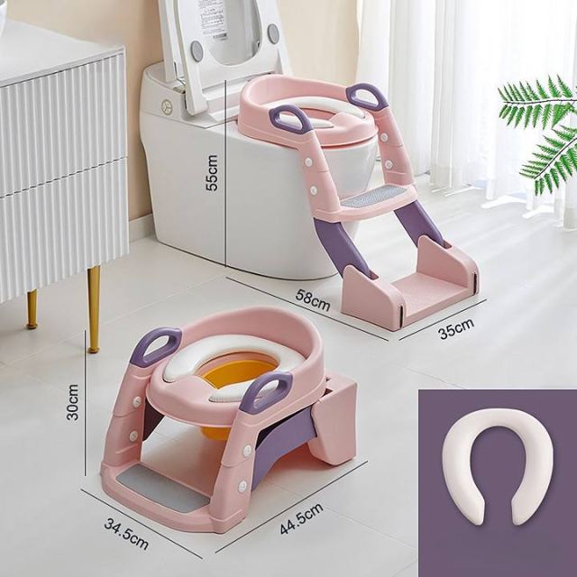 Reductor toaleta pentru copii Little Mom LittleStep Pink, pliabil, ergonomic, sezut din PVC, manere de sustinere, vas colector detasabil, protectie anti-stropire, suprafata antiderapanta, 55 x 35 x 58 cm