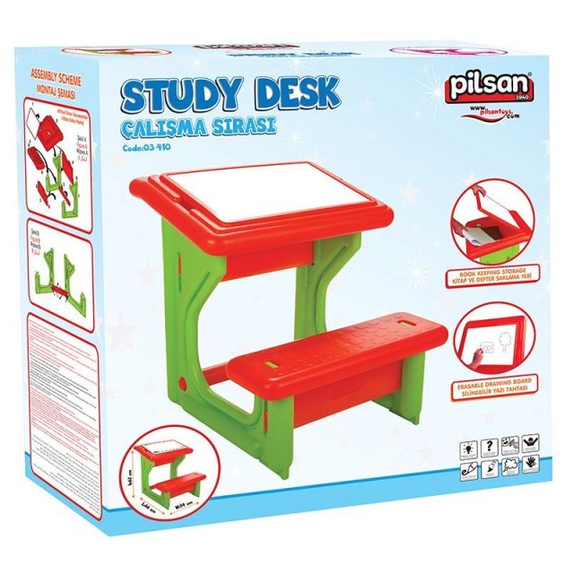 Masuta de studiu cu bancuta pentru copii Pilsan Study Desk Red,din plastic rezistent,margini rotunjite,bancuta cu suport pentru picioare,spatiu de depozitare sub masuta si suprafata pe care se poate scrie