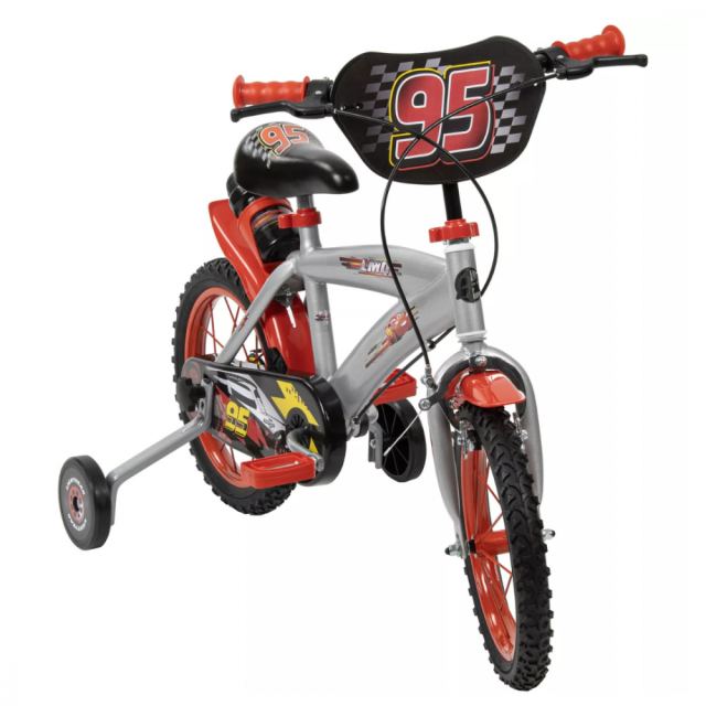 Bicicleta copii Huffy Cars 14 inch, cu roti ajutatoare si sticluta de apa cu suport, varsta 4-6 ani, inaltimea 105-117 cm, scaun si ghidon reglabile pe inaltime, anvelope cu profil gros