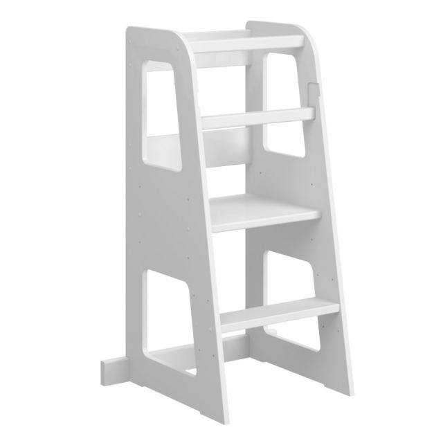 Turn de invatare din lemn pentru copii Standard White, design montessori, robust, margini rotunjite, cu platforma si trepte reglabile, dimensiune 90 x 44 x 39.5 cm