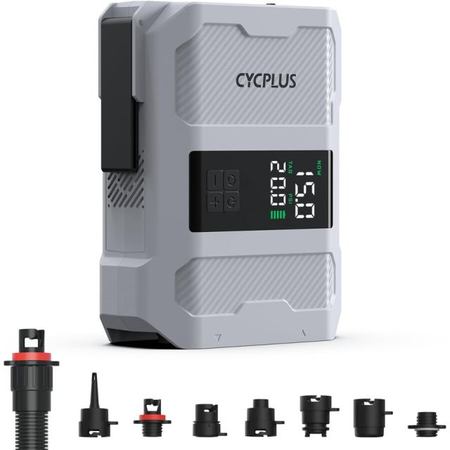 Cycplus Pompa electrica cu acumulator Cycplus Volcano pentru SUP, Caiac, Kite, Saltea, 20PSI, 240W 96.2Wh, 2 motoare (volum+compresor), Umflare-Dezumflare, 7 adaptoare, USB-C, Gri